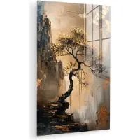 MuchoWow Glasschilderij 40x60 cm - Schilderij acrylglas - Boom - Goud - Landschap - Verf - Foto op glas - Muurdecoratie woonkamer - Wanddecoratie slaapkamer - Schilderijen