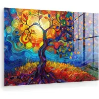 MuchoWow Glasschilderij 60x40 cm - Schilderij acrylglas - Boom - Zon - Verflook - Kleuren - Abstract - Foto op glas - Muurdecoratie woonkamer - Wanddecoratie slaapkamer - Schilderijen
