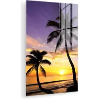 MuchoWow Glasschilderij 120x180 cm - Schilderij acrylglas - Strand - Zonsondergang - Palmbomen - Tropisch - Foto op glas - Muurdecoratie woonkamer - Wanddecoratie slaapkamer - Schilderijen