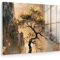 MuchoWow Glasschilderij 80x60 cm - Schilderij acrylglas - Boom - Goud - Landschap - Verf - Foto op glas - Muurdecoratie woonkamer - Wanddecoratie slaapkamer - Schilderijen