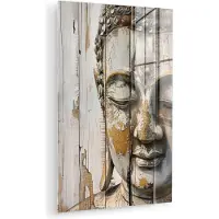 MuchoWow Glasschilderij 120x180 cm - Schilderij acrylglas - Boeddha - Houtlook - Modern - Industrieel - Foto op glas - Muurdecoratie woonkamer - Wanddecoratie slaapkamer - Schilderijen