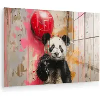 MuchoWow Glasschilderij 150x100 cm - Schilderij acrylglas - Graffiti - Panda - Ballon - Street art - Dier - Foto op glas - Muurdecoratie woonkamer - Wanddecoratie slaapkamer - Schilderijen