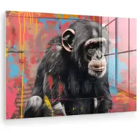 MuchoWow Glasschilderij 180x120 cm - Schilderij acrylglas - Graffiti - Chimpansee - Aap - Dieren - Street art - Foto op glas - Muurdecoratie woonkamer - Wanddecoratie slaapkamer - Schilderijen