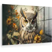 MuchoWow Glasschilderij 180x120 cm - Schilderij acrylglas - Uil - Vogels - Bloemen - Natuur - Foto op glas - Muurdecoratie woonkamer - Wanddecoratie slaapkamer - Schilderijen