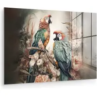 MuchoWow Glasschilderij 150x100 cm - Schilderij acrylglas - Papegaaien - Vogels - Natuur - Bloemen - Foto op glas - Muurdecoratie woonkamer - Wanddecoratie slaapkamer - Schilderijen