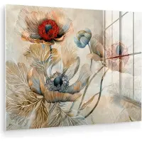MuchoWow Glasschilderij 40x30 cm - Schilderij acrylglas - Bloemen - Beige - Modern - Illustratie - Foto op glas - Muurdecoratie woonkamer - Wanddecoratie slaapkamer - Schilderijen