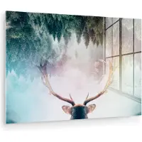 MuchoWow Glasschilderij 180x120 cm - Schilderij acrylglas - Hert - Gewei - Bos - Mist - Foto op glas - Muurdecoratie woonkamer - Wanddecoratie slaapkamer - Schilderijen