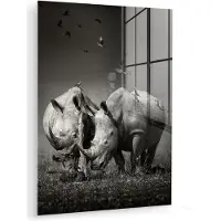 MuchoWow Glasschilderij - Foto op glas - Acrylglas - Dieren - Vogels - Neushoorn - Gras - Natuur - 120x160 cm - Glasschilderij dieren - Schilderij glas - Kamer decoratie - Wanddecoratie glas