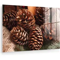 MuchoWow Glasschilderij 150x100 cm - Schilderij acrylglas - Dennenappels - Boom - Winter - Natuur - Bruin - Foto op glas - Muurdecoratie woonkamer - Wanddecoratie slaapkamer - Schilderijen