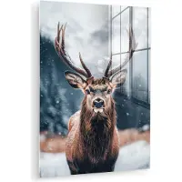 MuchoWow Glasschilderij 30x40 cm - Schilderij acrylglas - Hert - Dieren - Landschap - Winter - Sneeuw - Foto op glas - Muurdecoratie woonkamer - Wanddecoratie slaapkamer - Schilderijen