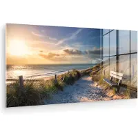 MuchoWow - Glasschilderij - Acrylplaat - Strand - Zee - Duin - Bankje - Acrylglas - Foto op glas - Wanddecoratie - 40x20 cm - Glasschilderij zee - Muurdecoratie
