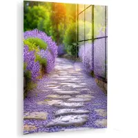 MuchoWow Glasschilderij 120x160 cm - Schilderij acrylglas - Bloemen - Pad - lavendel - Tuin - Foto op glas - Muurdecoratie woonkamer - Wanddecoratie slaapkamer - Schilderijen