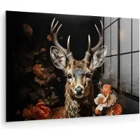 MuchoWow Glasschilderij 180x120 cm - Schilderij acrylglas - Hert - Dier - Bloemen - Natuur - Botanisch - Foto op glas - Muurdecoratie woonkamer - Wanddecoratie slaapkamer - Schilderijen