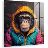 MuchoWow Glasschilderij 90x90 cm - Schilderij acrylglas - Graffiti - Chimpansee - Jas - Aap - Verf - Foto op glas - Muurdecoratie woonkamer - Wanddecoratie slaapkamer - Schilderijen
