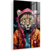 MuchoWow Glasschilderij 120x180 cm - Schilderij acrylglas - Graffiti - Luipaard - Zwart - Jas - Foto op glas - Muurdecoratie woonkamer - Wanddecoratie slaapkamer - Schilderijen