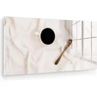 MuchoWow Glasschilderij 120x60 cm - Schilderij acrylglas - Koffie - Lepel - Mok - Foto op glas - Muurdecoratie woonkamer - Wanddecoratie slaapkamer - Schilderijen