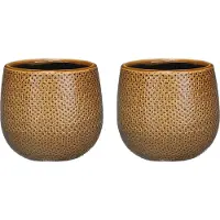 Mica Decorations Bloempot - Set van 3x stuks - okergeel - keramiek - 14 x 12 cm - plantenpotten