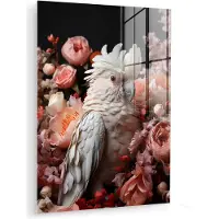 MuchoWow Glasschilderij 120x160 cm - Schilderij acrylglas - Kaketoe - Dier - Natuur - Botanisch - Bloemen - Roze - Foto op glas - Muurdecoratie woonkamer - Wanddecoratie slaapkamer - Schilderijen