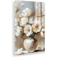 MuchoWow Glasschilderij 40x60 cm - Schilderij acrylglas - Vaas - Bloemen - Kunst - Goud - Foto op glas - Muurdecoratie woonkamer - Wanddecoratie slaapkamer - Schilderijen