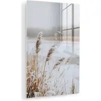 MuchoWow Glasschilderij 120x180 cm - Schilderij acrylglas - Riet - Meer - Winter - Natuur - Sneeuw - Beige - Foto op glas - Muurdecoratie woonkamer - Wanddecoratie slaapkamer - Schilderijen