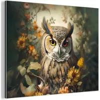 MuchoWow Aluminium schilderij 160x120 cm - Wanddecoratie metaal - Uil - Vogels - Bloemen - Natuur - Metalen muurdecoratie woonkamer - Decoratie industrieel - Foto op dibond - Industriële accessoires slaapkamer