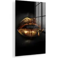 MuchoWow Glasschilderij 20x30 cm - Schilderij acrylglas - Lippen - Goud - Abstract - Zwart - Aesthetic - Foto op glas - Muurdecoratie woonkamer - Wanddecoratie slaapkamer - Schilderijen