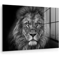 MuchoWow Glasschilderij - Foto op glas - Acrylglas - Wilde dieren - Leeuw - Zwart - Wit - 180x120 cm - Glasschilderij leeuw - Schilderij glas - Kamer decoratie - Slaapkamer