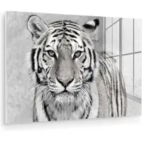 MuchoWow Glasschilderij - Dieren - Tijger - Natuur - Zwart - Wit - Foto op glas - Wanddecoratie - Muurdecoratie - Acrylglas - 90x60 cm - Kamer decoratie - Slaapkamer