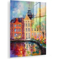 MuchoWow Glasschilderij 120x160 cm - Schilderij acrylglas - Olieverf - Amsterdam - Kunst - Kleurrijk - Foto op glas - Muurdecoratie woonkamer - Wanddecoratie slaapkamer - Schilderijen