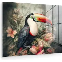 MuchoWow Glasschilderij 120x90 cm - Schilderij acrylglas - Toekan - Vogels - Bloemen - Planten - Tropisch - Foto op glas - Muurdecoratie woonkamer - Wanddecoratie slaapkamer - Schilderijen