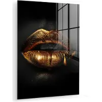 MuchoWow Glasschilderij 60x80 cm - Schilderij acrylglas - Lippen - Goud - Abstract - Zwart - Aesthetic - Foto op glas - Muurdecoratie woonkamer - Wanddecoratie slaapkamer - Schilderijen