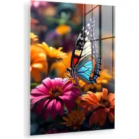 MuchoWow Glasschilderij 120x160 cm - Schilderij acrylglas - Vlinder - Dier - Kleurrijk - Bloemen - Natuur - Foto op glas - Muurdecoratie woonkamer - Wanddecoratie slaapkamer - Schilderijen
