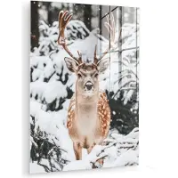 MuchoWow Glasschilderij 120x160 cm - Schilderij acrylglas - Hert - Sneeuw - Winter - Bos - Dieren - Foto op glas - Muurdecoratie woonkamer - Wanddecoratie slaapkamer - Schilderijen