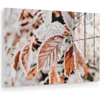 MuchoWow Glasschilderij 180x120 cm - Schilderij acrylglas - Bladeren - IJs - Winter - Natuur - Foto op glas - Muurdecoratie woonkamer - Wanddecoratie slaapkamer - Schilderijen