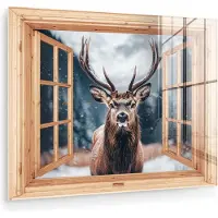 MuchoWow Glasschilderij 120x90 cm - Schilderij acrylglas - Doorkijk - Hert - Dieren - Winterlandschap - Sneeuw - Foto op glas - Muurdecoratie woonkamer - Wanddecoratie slaapkamer - Schilderijen
