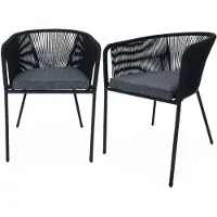 Sweeek Set van 2 tuinstoelen van zwart touw en gegalvaniseerd staal, grijze kussens