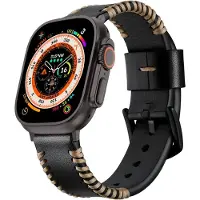 Strap-it Stitched echt leren band - geschikt voor Apple Watch Series 1/2/3/4/5/6/7/8/9/10/11/SE/SE2/SE3/Ultra(2/3) - iWatch bandje leer voor grote maten: 44 mm 45 mm 46 mm 49mm (zwart)