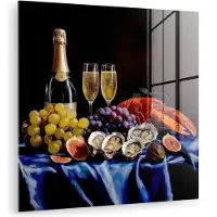 MuchoWow Glasschilderij 20x20 cm - Schilderij acrylglas - Champagne - Luxe - Oesters - Foto op glas - Muurdecoratie woonkamer - Wanddecoratie slaapkamer - Schilderijen