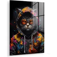 MuchoWow Glasschilderij 120x160 cm - Schilderij acrylglas - Kat - Jas - Graffiti - Bril - Zwart - Foto op glas - Muurdecoratie woonkamer - Wanddecoratie slaapkamer - Schilderijen