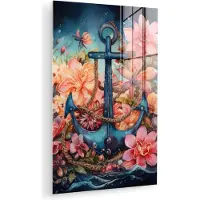 MuchoWow Glasschilderij 120x180 cm - Schilderij acrylglas - Anker - Bloemen - Zee - Maritiem - Kleuren - Foto op glas - Muurdecoratie woonkamer - Wanddecoratie slaapkamer - Schilderijen