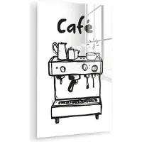 MuchoWow Glasschilderij 20x30 cm - Schilderij acrylglas - Illustratie - Café - Koffiemachine - Kopjes - Foto op glas - Muurdecoratie woonkamer - Wanddecoratie slaapkamer - Schilderijen