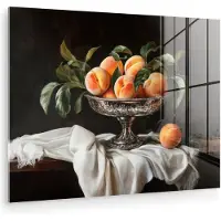 MuchoWow Glasschilderij 160x120 cm - Schilderij acrylglas - Stilleven - Perziken - Vintage - Foto op glas - Muurdecoratie woonkamer - Wanddecoratie slaapkamer - Schilderijen
