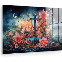 MuchoWow Glasschilderij 180x120 cm - Schilderij acrylglas - Anker - Bloemen - Zee - Maritiem - Kleuren - Foto op glas - Muurdecoratie woonkamer - Wanddecoratie slaapkamer - Schilderijen