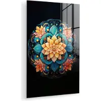 MuchoWow Glasschilderij 80x120 cm - Schilderij acrylglas - Mandala - Blauw - Oranje - Zwart - Foto op glas - Muurdecoratie woonkamer - Wanddecoratie slaapkamer - Schilderijen
