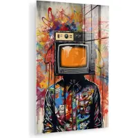 MuchoWow Glasschilderij 40x60 cm - Schilderij acrylglas - Televisie - Graffiti - Mens - Kleuren - Foto op glas - Muurdecoratie woonkamer - Wanddecoratie slaapkamer - Schilderijen