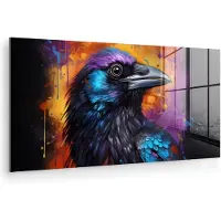 MuchoWow Glasschilderij 40x20 cm - Schilderij acrylglas - Vogel - Kraai - Graffiti - Zwart - Dieren - Foto op glas - Muurdecoratie woonkamer - Wanddecoratie slaapkamer - Schilderijen