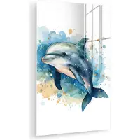 MuchoWow Glasschilderij 60x90 cm - Schilderij acrylglas - Dolfijn - dieren - Natuur - Blauw - Wit - Foto op glas - Muurdecoratie woonkamer - Wanddecoratie slaapkamer - Schilderijen