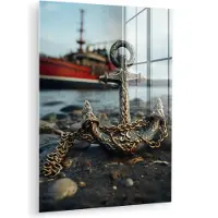 MuchoWow Glasschilderij 120x160 cm - Schilderij acrylglas - Anker - Boot - Water - Stenen - Maritiem - Foto op glas - Muurdecoratie woonkamer - Wanddecoratie slaapkamer - Schilderijen