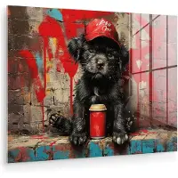 MuchoWow Glasschilderij 160x120 cm - Schilderij acrylglas - Graffiti - Hond - Pet - Puppy - Rood - Street art - Dier - Foto op glas - Muurdecoratie woonkamer - Wanddecoratie slaapkamer - Schilderijen