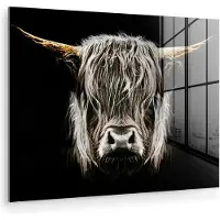 MuchoWow Glasschilderij Schotse hooglander - Goud - Hoorns - Koe - Dieren - Schilderij Schotse hooglander - Foto op glas - 160x120 cm - Wanddecoratie glas - Woonkamer - Glasplaat